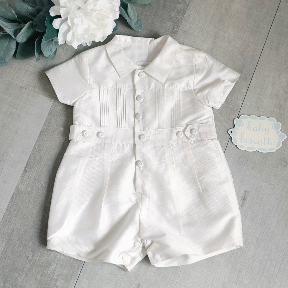 Boys Ivory Silk Formal Ring Bearer Outfit Shortall Romper Special Occasion NWT